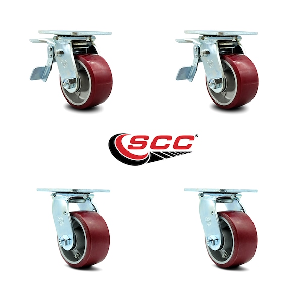 4 Inch Poly on Aluminum Swivel Caster Set with Ball Bearing 2 Total Lock Brake